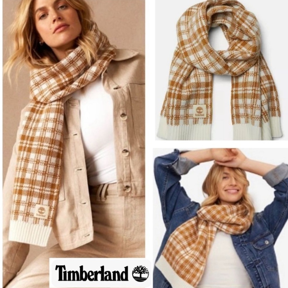 NWT Timberland Brown and Cream Checkered Scarf Cozy Accessory
